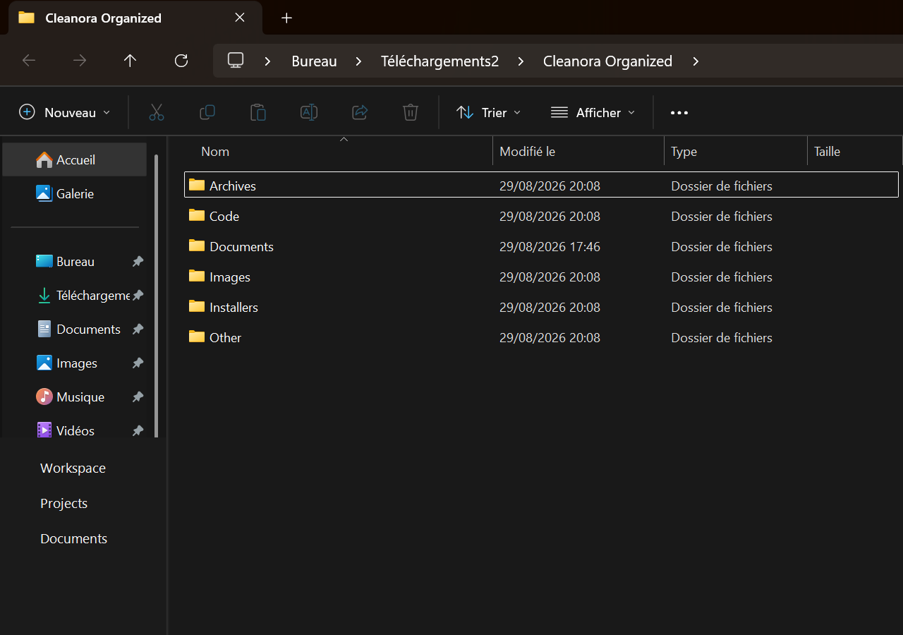 Cleanora organized output folders displayed in Windows File Explorer