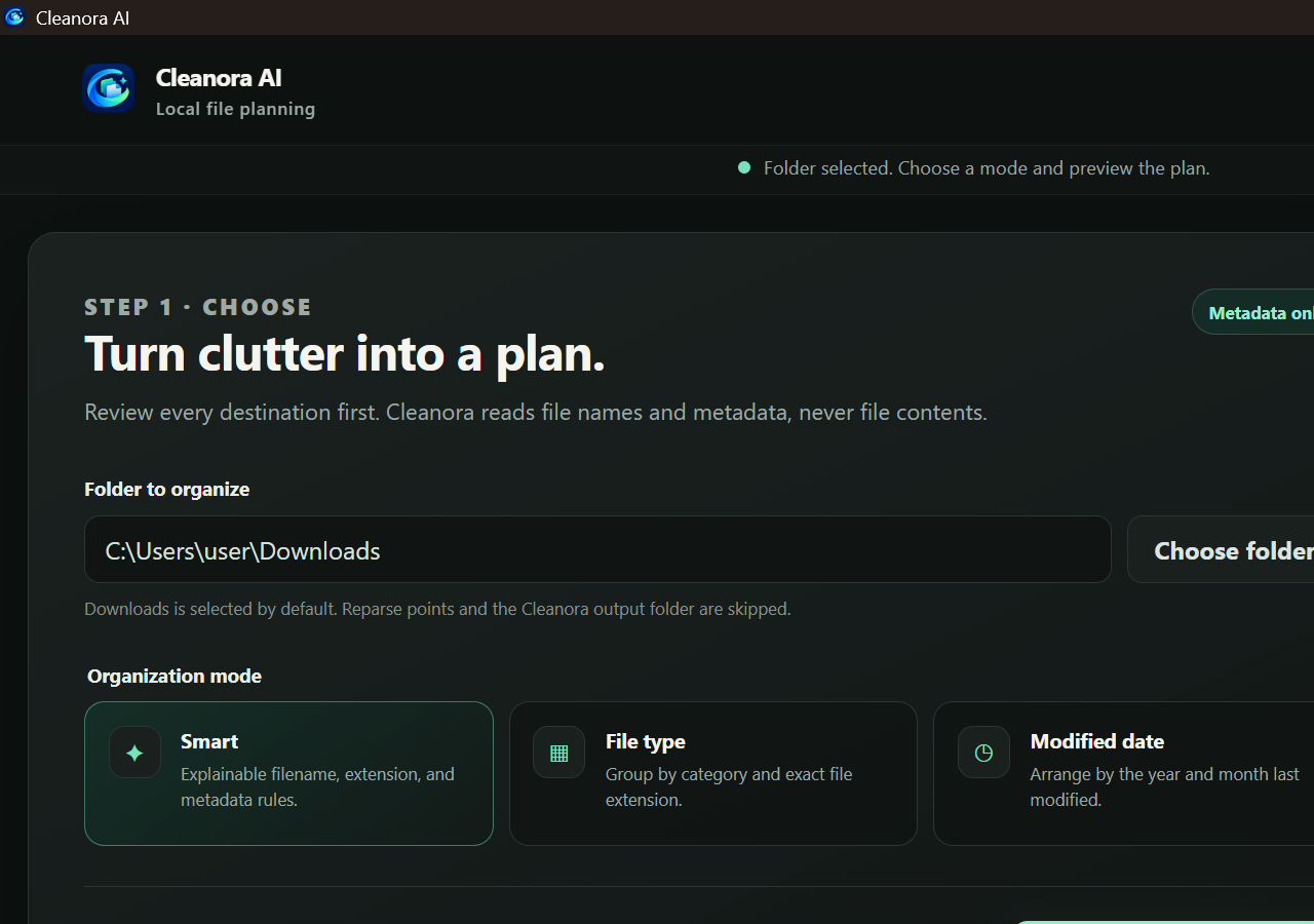 Cleanora local file planning screen on Windows